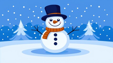 Fototapeta premium Cheerful snowman standing in a winter wonderland with pine trees and snowfall, perfect for holiday themes.