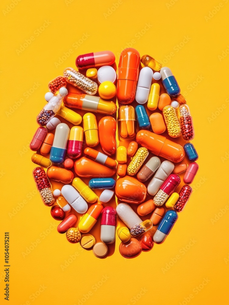 Poster colorful assortment of pills and tablets are arranged in the shape of a brain. concept of abundance 