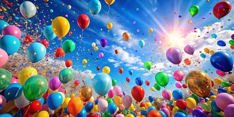 A symphony of vibrant balloons ascends against a cerulean sky, adorned with shimmering confetti, a joyous celebration of life's moments