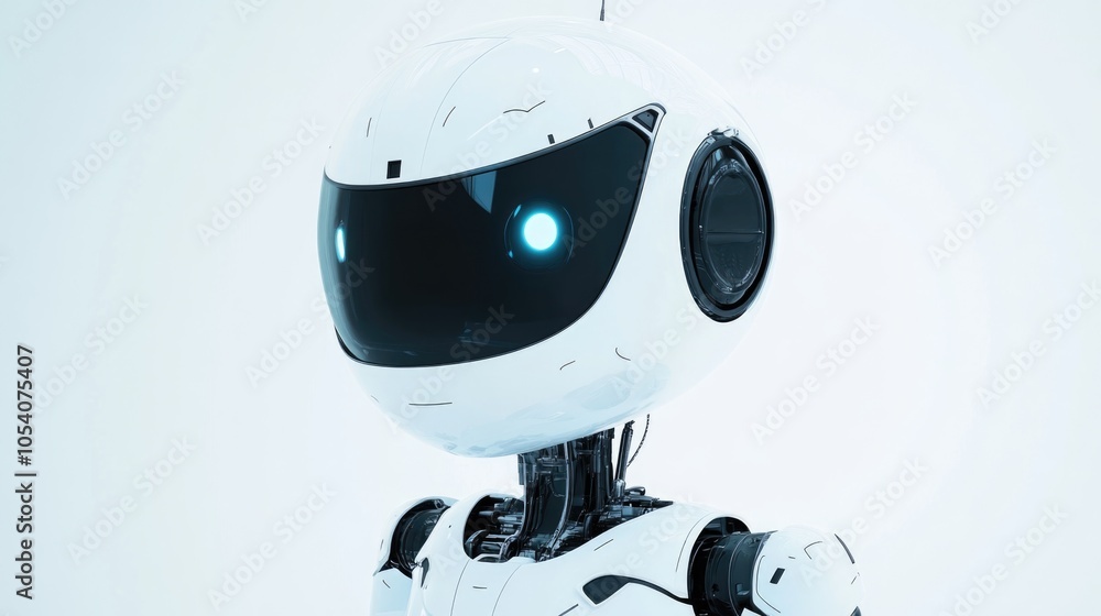 Poster robot with blue eyes and a white face. the robot is standing in front of a white background