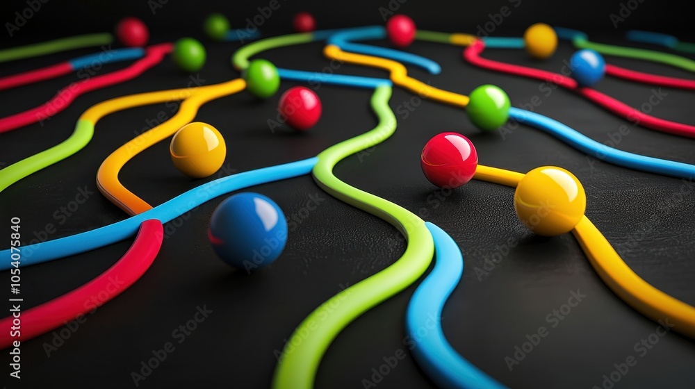 Poster colorful winding lines and balls on a dark background create a playful and vibrant scene.
