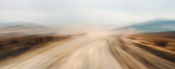 Desert road fading into the horizon, warm tones blending with the sandy landscape, evoking a sense of adventure and solitude.