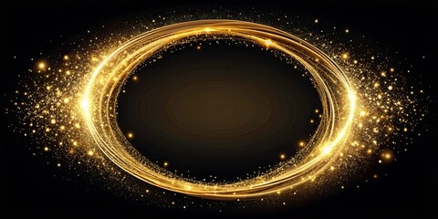 Obraz premium A radiant golden swirl of light, shimmering with sparkles, creates a captivating circular frame against a dark background.