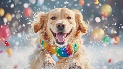 A Golden Retriever leaping joyfully through deep powder snow, wearing a bright, colorful scarf. Minimalist backgrounds