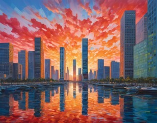 Fototapeta premium Stunning sunset reflects off modern buildings near a calm waterway in a vibrant urban landscape