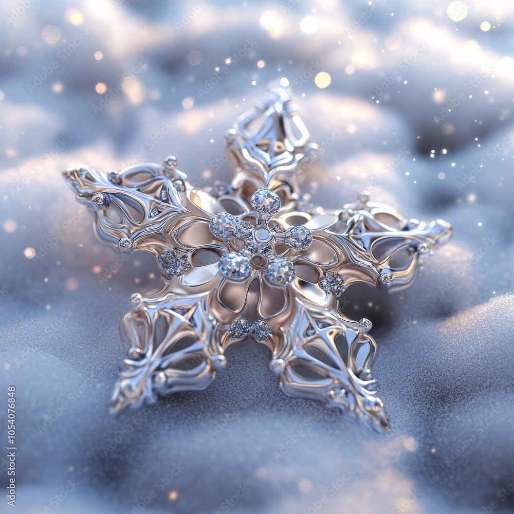 Poster a delicate 3d ornament shaped like a snowflake, rendered in shimmering silver and white, resting on 
