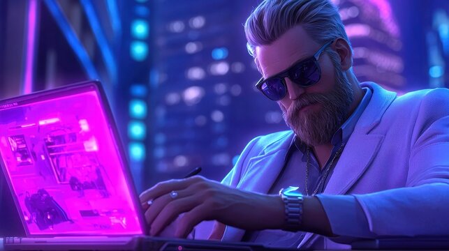 Stylish man working on a laptop with a neon glow in a futuristic city backdrop.