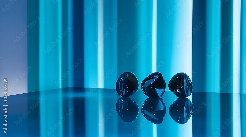 Poster three glossy black objects on a reflective surface with blue vertical lines in the background.