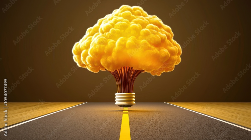 Poster a conceptual image of a light bulb exploding into a vibrant yellow cloud, symbolizing innovation and