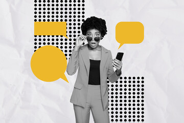 Composite photo collage of astonished american girl hold phone text box correspondence notification...