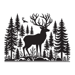 Obraz premium Silhouette of a deer in the forest. Winter Forest Wildlife silhouette vector on a white background