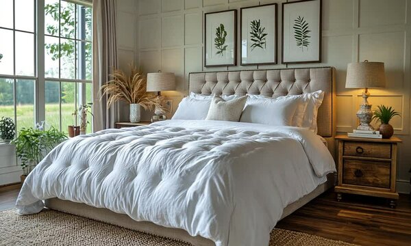 Cozy bedroom with a plush bed and natural decor.