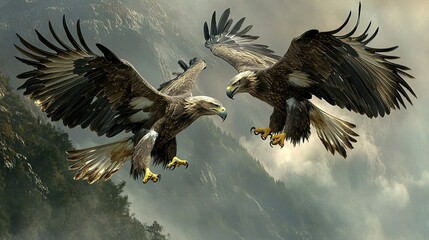 A pair of eagles locked in a mid-air battle over territory, their talons interlocked