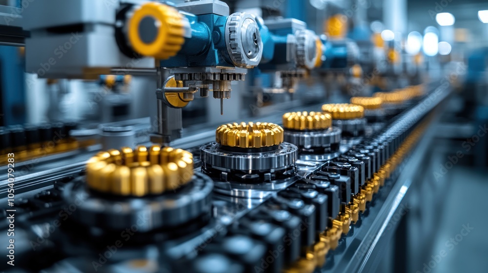 Poster automated machinery assembling gears in a manufacturing process.