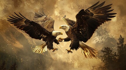 A pair of eagles locked in a mid-air battle over territory, their talons interlocked