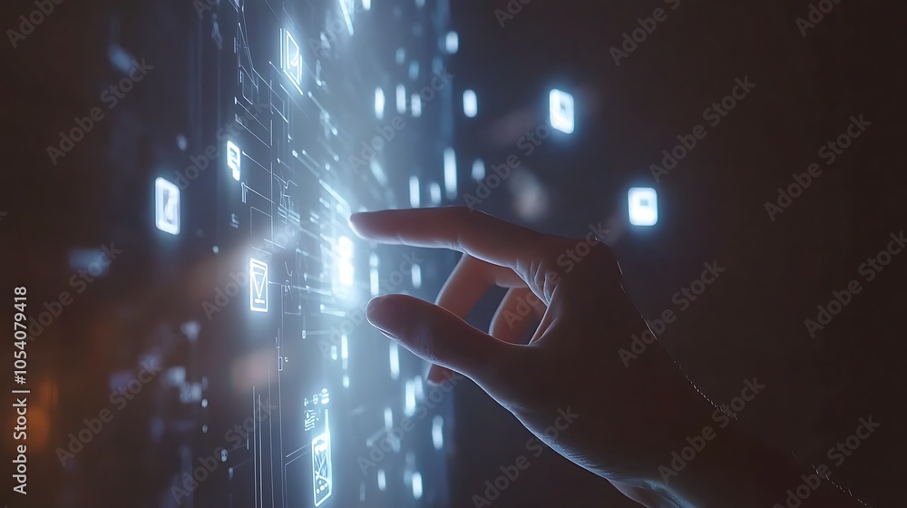 Poster a hand interacts with a digital interface displaying glowing icons and data.