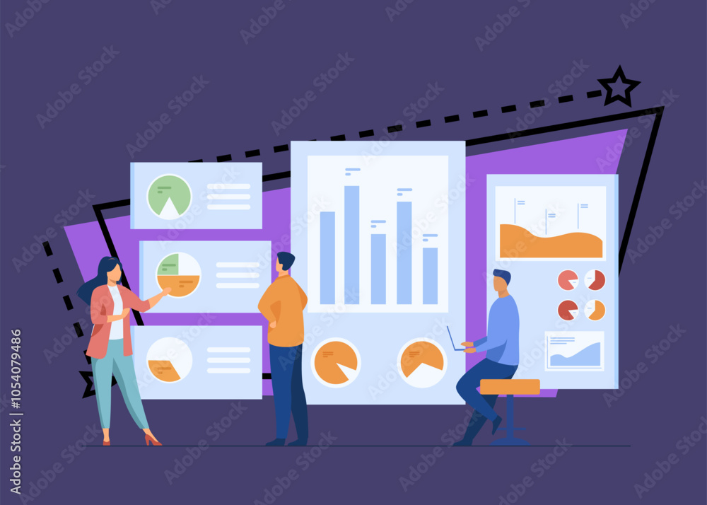 Poster office workers analyzing and researching business data vector illustration. marketing analysts devel