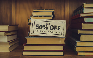 Vintage Bookshelf Sale 50% Off Brown and Red Books Sale Concept  