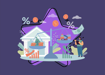 Man planning budget next to huge scales vector illustration. Cartoon drawing of rising interest rate and prices of products. Inflation, finances, economy, banking concept