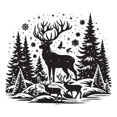 Silhouette of a deer in the forest. Winter Forest Wildlife silhouette vector on a white background