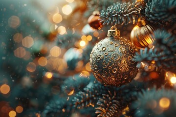 Obraz premium Festive Christmas tree adorned with golden Bitcoin ornament and lights, merging holiday cheer with modern cryptocurrency themes for a unique celebration