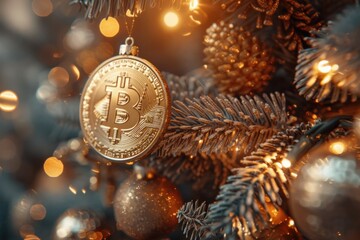 Festive Christmas tree adorned with golden Bitcoin ornament and lights, merging holiday cheer with modern cryptocurrency themes for a unique celebration