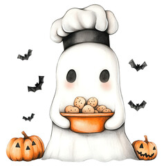 Charming Ghost Baking Cookies Wearing a Chef's Hat