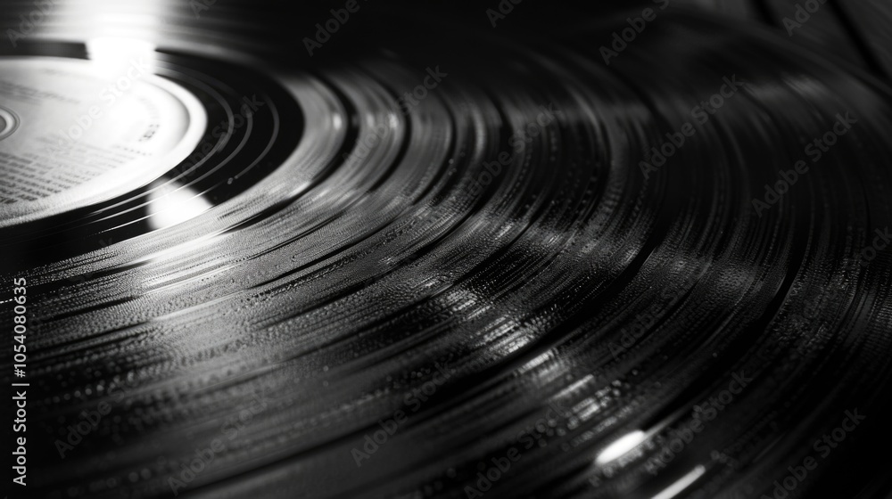 Poster black record with a white label. the record is shiny and has a wet look to it