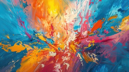 Painting of a colorful explosion with splatters of paint. The colors are bright and vibrant, creating a sense of energy and excitement. The painting seems to be a representation of the chaos