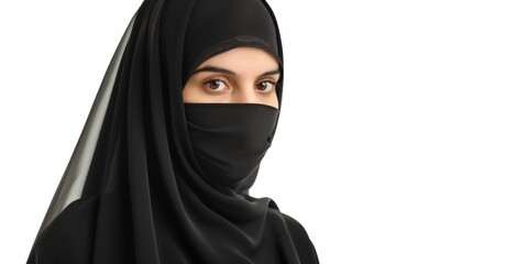 Naklejka premium An Arab lady with captivating eyes, wearing a hijab and traditional clothing, embodying cultural beauty.
