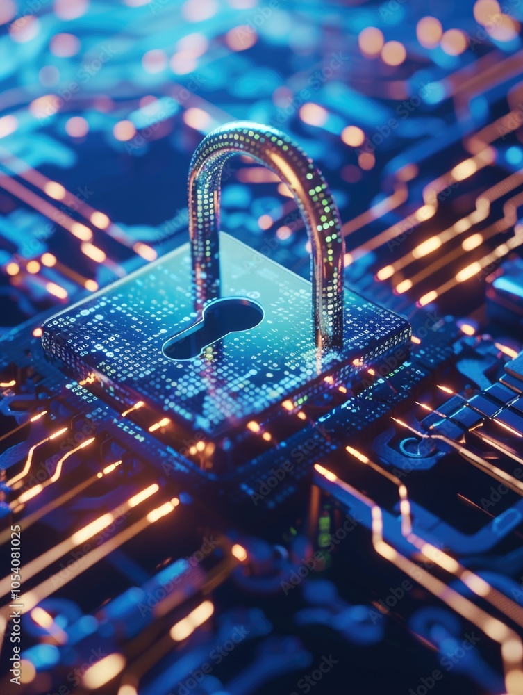Aufkleber computer chip with a keyhole in the middle. the keyhole is surrounded by a blue and orange grid