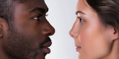Fototapeta premium A portrait captures a tender moment between a couple, focused on love and closeness.