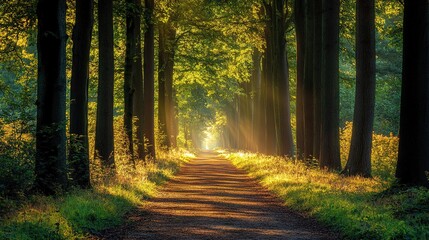 Obraz premium A pathway through a forest, lined with tall trees, with the morning sun shining through the leaves, creating dappled light