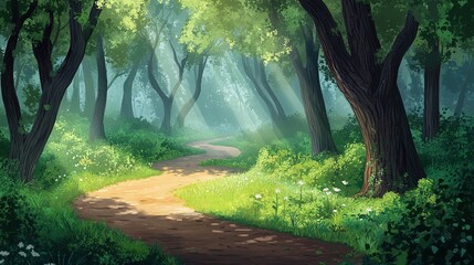 Obraz premium A peaceful background with a dense forest and a winding path leading into the woods