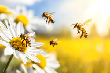Obraz premium Closeup of bees pollinating flowers in a meadow, showcasing essential equilibrium in ecosystem biodiversity