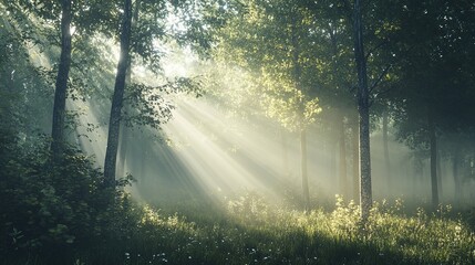 Obraz premium A peaceful forest scene with sunlight filtering through the mist, creating ethereal rays of light that dance through the trees