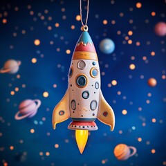 A futuristic 3D rocket ornament launching into a starry night sky, surrounded by glowing stars and planets. The rocket is decorated with festive colors, blending holiday cheer with space exploration