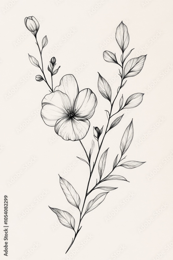 Poster black and white drawing of a flower with a leafy stem. the flower is in the center of the image and 