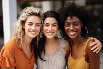 Fototapeta premium Three women are smiling and posing for a photo. They are all wearing different colored tops, with one wearing an orange shirt, one wearing a yellow shirt, and one wearing a white shirt