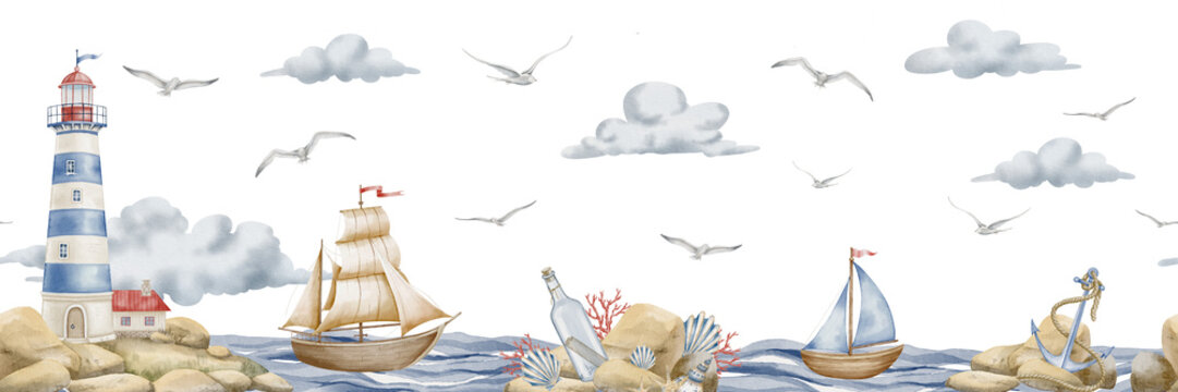 Seamless watercolor wallpaper with lighthouse and sailboats. Illustration with beacon and ships for nursery wall art. Landscape with light house, sailing boats and clouds for childish design.
