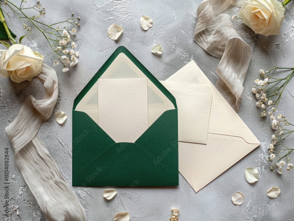 Poster green envelope with a white card sits on a table next to a white envelope. the white envelope is ope