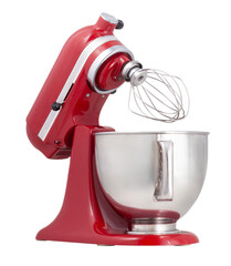Classic glossy red kitchen mixer for home cooking, appliance from a front view, isolated against a...