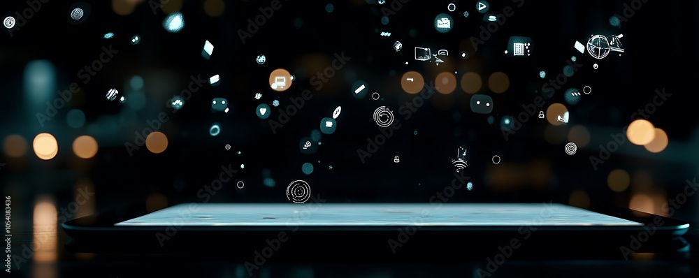 Aufkleber a tablet displaying floating digital icons, symbolizing technology and connectivity.