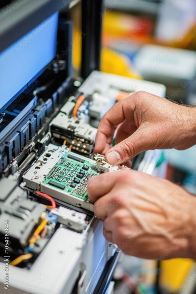 Aufkleber technician installing circuit board in electronic device