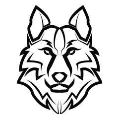 black and white front view of wolf head