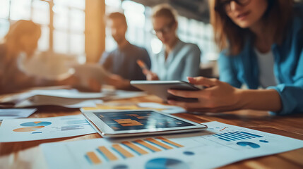 A group of people are sitting around a table with a tablet and a bunch of papers