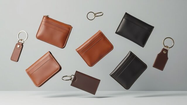 A collection of leather wallets and purses are shown in the air