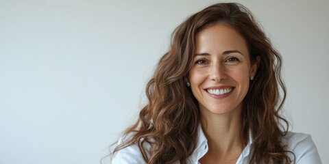 Naklejka premium Woman with long brown hair is smiling and wearing a white shirt. She is posing for a photo