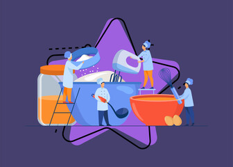 Tiny people baking dessert vector illustration. Bakers using mixer, whisk, sieve, tools and ingredients for cooking food. Culinary equipment, bakery, homemade food concept