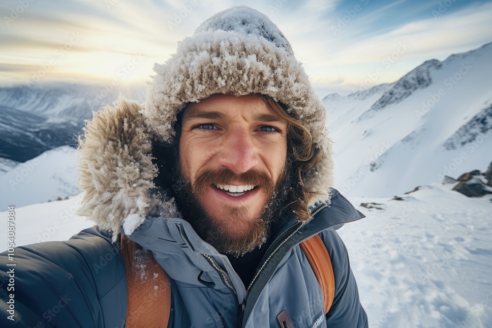 Poster man with a beard and a hat is smiling and taking a selfie in the snow. concept of adventure and exci